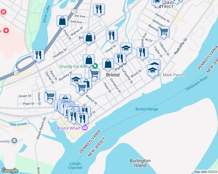map of restaurants, bars, coffee shops, grocery stores, and more near 315 Penn Street in Bristol