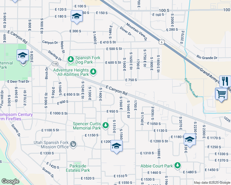 map of restaurants, bars, coffee shops, grocery stores, and more near 1519 East 820 South in Spanish Fork