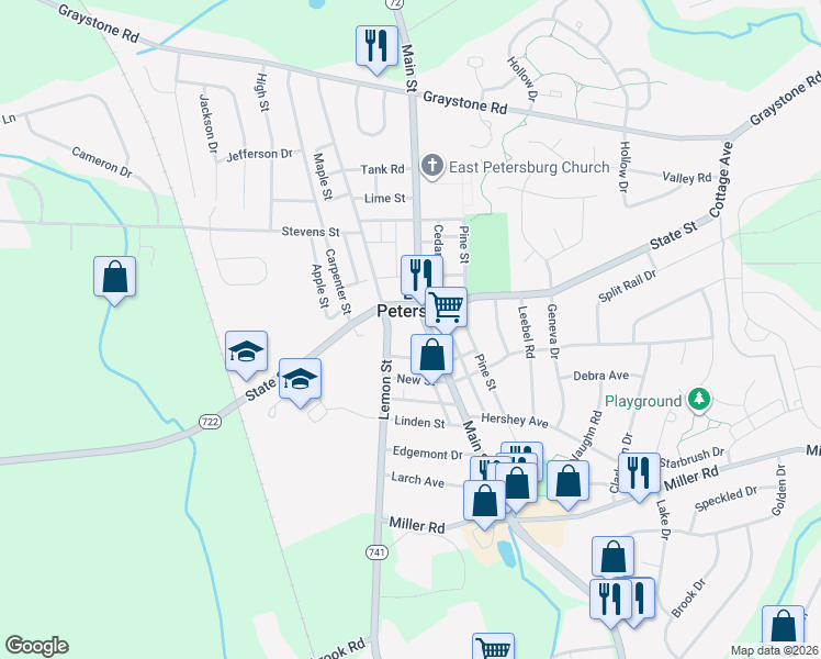 map of restaurants, bars, coffee shops, grocery stores, and more near in East Petersburg