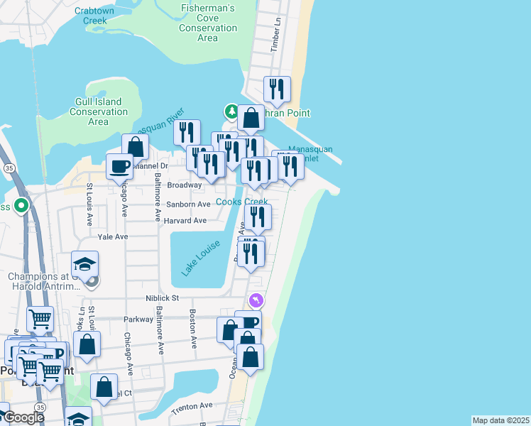 map of restaurants, bars, coffee shops, grocery stores, and more near 5 Bowling Green in Point Pleasant Beach
