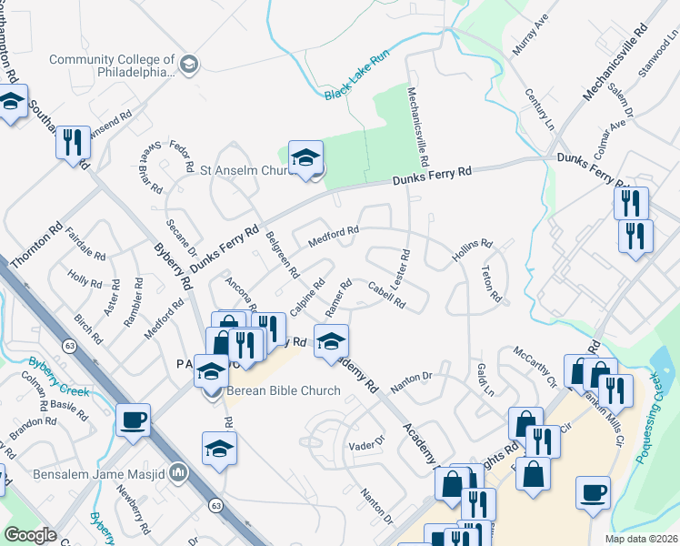 map of restaurants, bars, coffee shops, grocery stores, and more near 12618 Calpine Road in Philadelphia