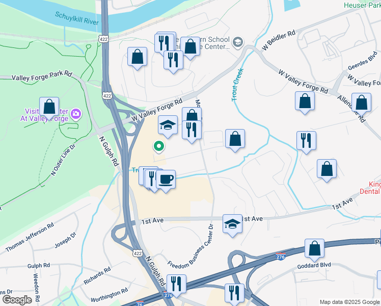 map of restaurants, bars, coffee shops, grocery stores, and more near 1001-1035 W 8th Ave in King of Prussia