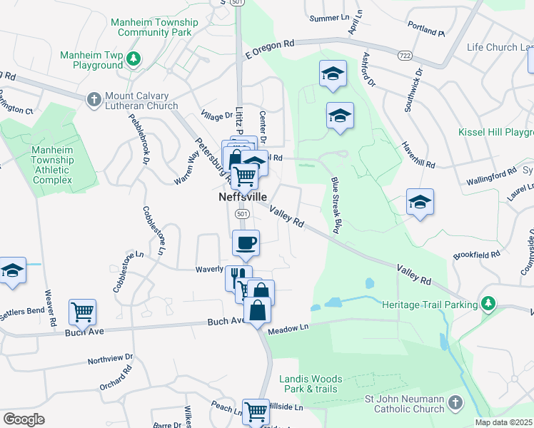 map of restaurants, bars, coffee shops, grocery stores, and more near 48 Valley Road in Lancaster