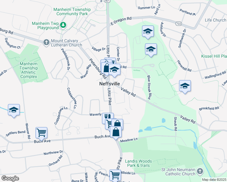 map of restaurants, bars, coffee shops, grocery stores, and more near 2665 Lititz Pike in Lancaster