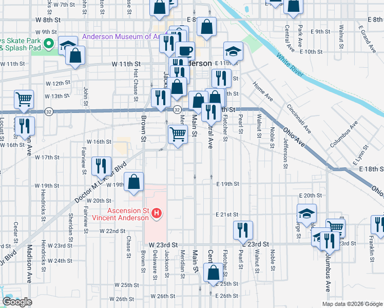 map of restaurants, bars, coffee shops, grocery stores, and more near 1619 Main Street in Anderson