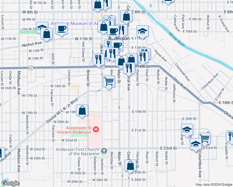 map of restaurants, bars, coffee shops, grocery stores, and more near 1619 Main Street in Anderson
