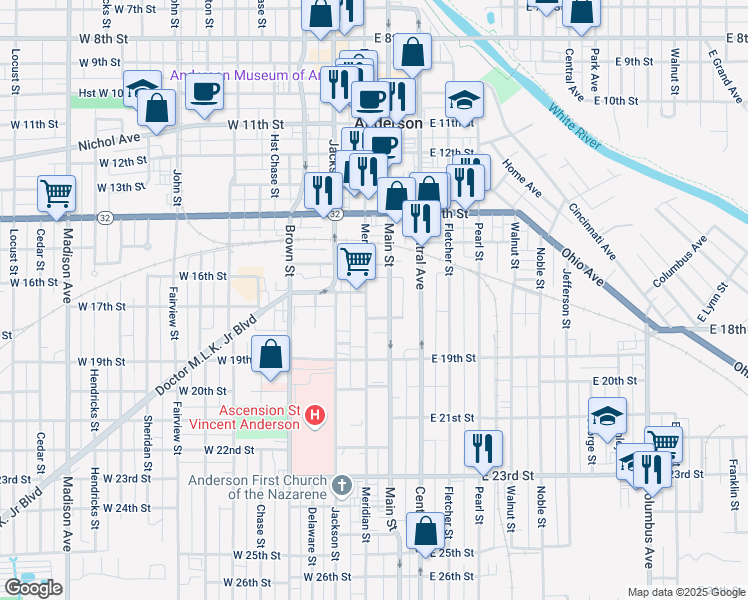 map of restaurants, bars, coffee shops, grocery stores, and more near 1619 Main Street in Anderson