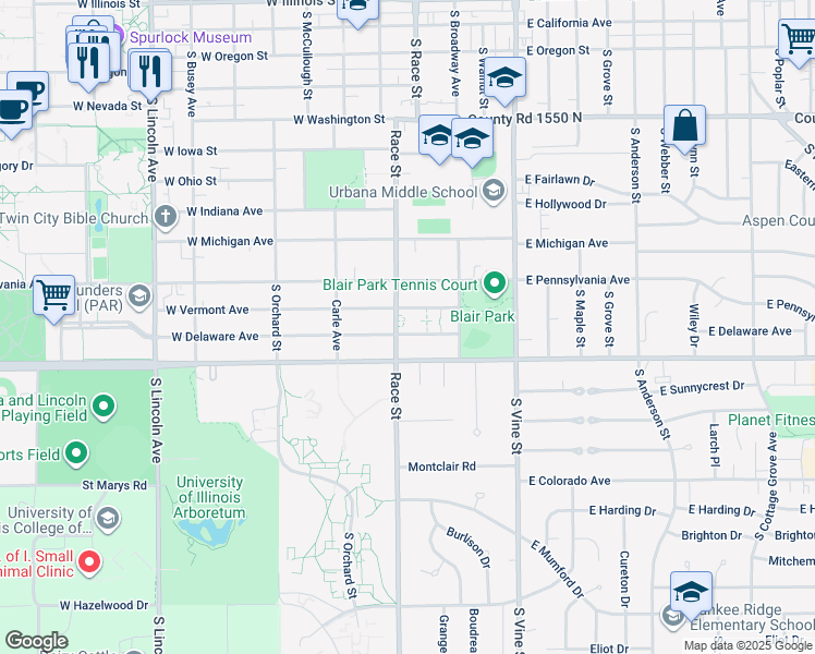 map of restaurants, bars, coffee shops, grocery stores, and more near 1506 South Race Street in Urbana