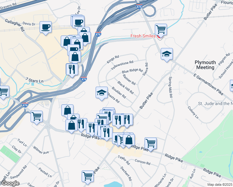 map of restaurants, bars, coffee shops, grocery stores, and more near 117 Boulder Road in Plymouth Meeting