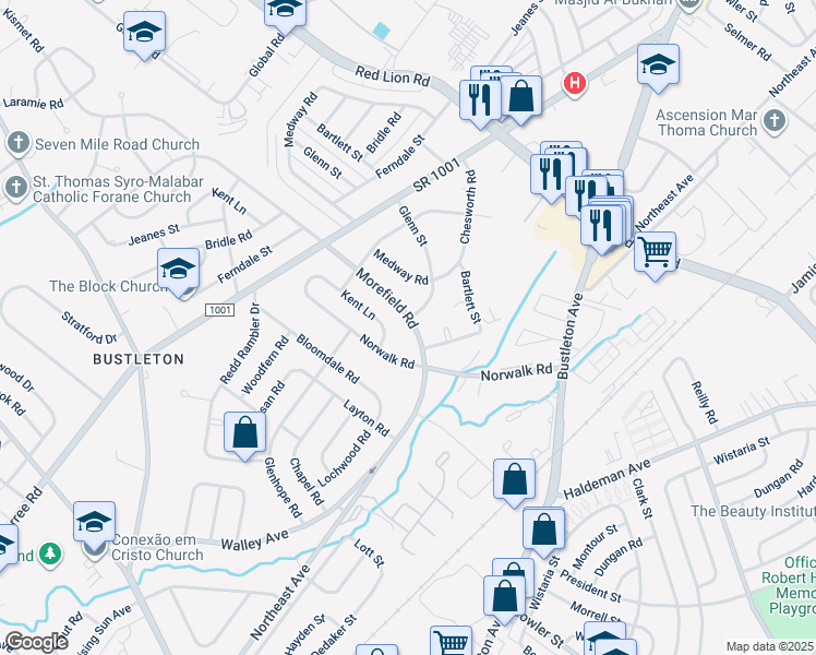 map of restaurants, bars, coffee shops, grocery stores, and more near 1166 Morefield Road in Philadelphia