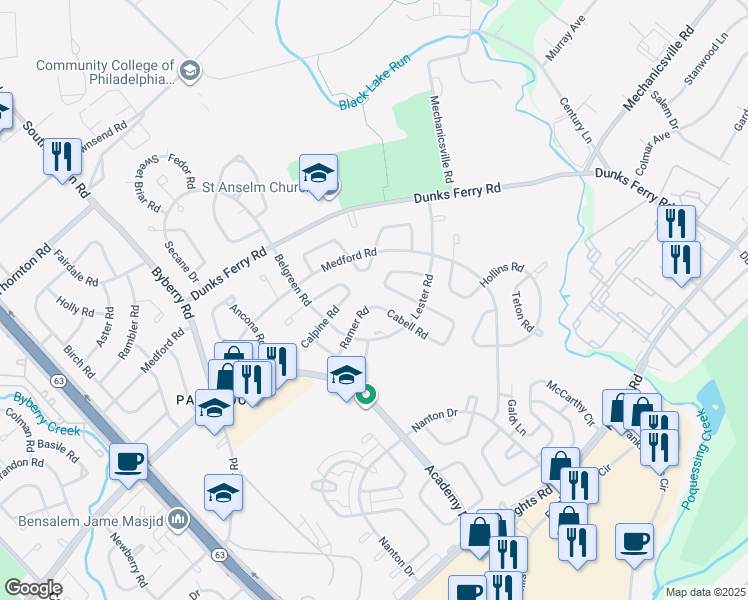 map of restaurants, bars, coffee shops, grocery stores, and more near 12702 Cabell Road in Philadelphia