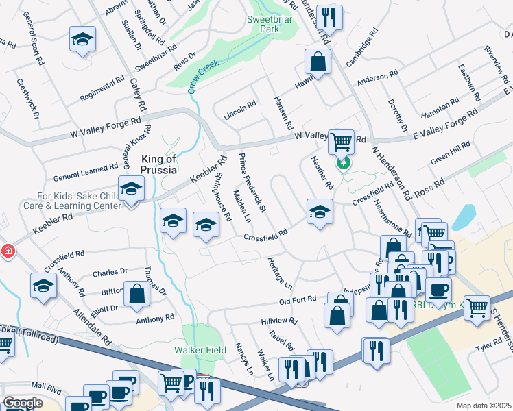 map of restaurants, bars, coffee shops, grocery stores, and more near 391 Prince Frederick Street in King of Prussia