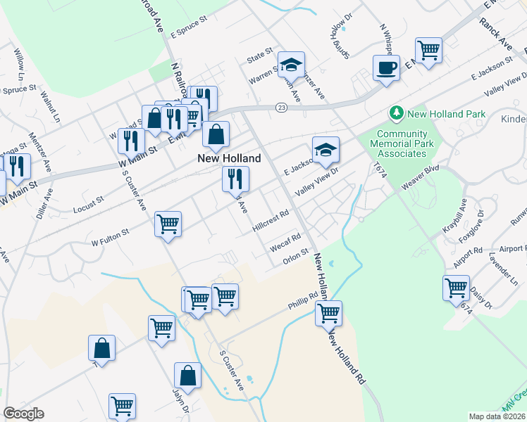map of restaurants, bars, coffee shops, grocery stores, and more near 320 Ridge Avenue in New Holland