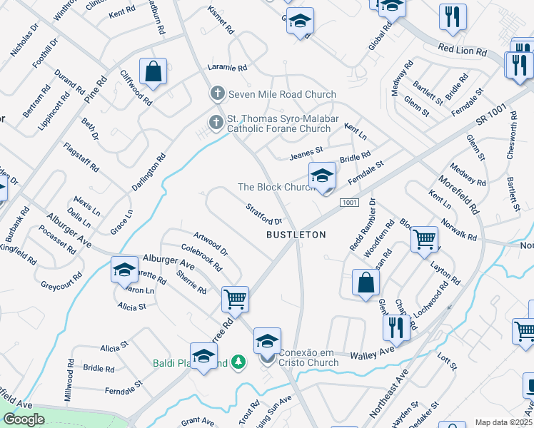 map of restaurants, bars, coffee shops, grocery stores, and more near 725 Stratford Drive in Philadelphia