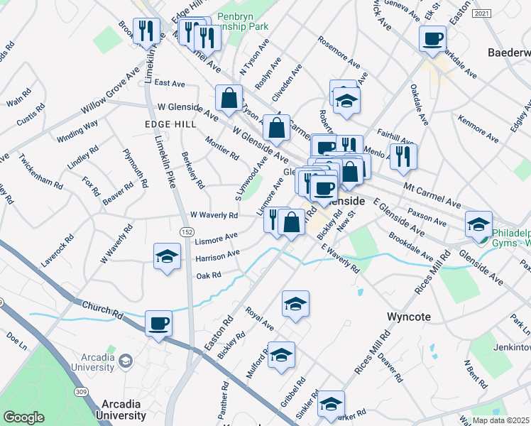 map of restaurants, bars, coffee shops, grocery stores, and more near 171 Lismore Avenue in Glenside