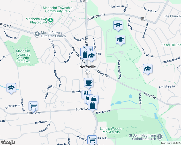 map of restaurants, bars, coffee shops, grocery stores, and more near 2640 Duke Street in Lancaster