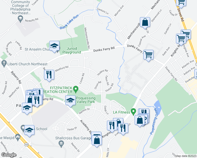 map of restaurants, bars, coffee shops, grocery stores, and more near 12825 Medford Road in Philadelphia