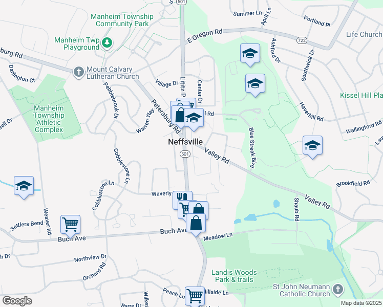 map of restaurants, bars, coffee shops, grocery stores, and more near 2640 Duke Street in Lancaster