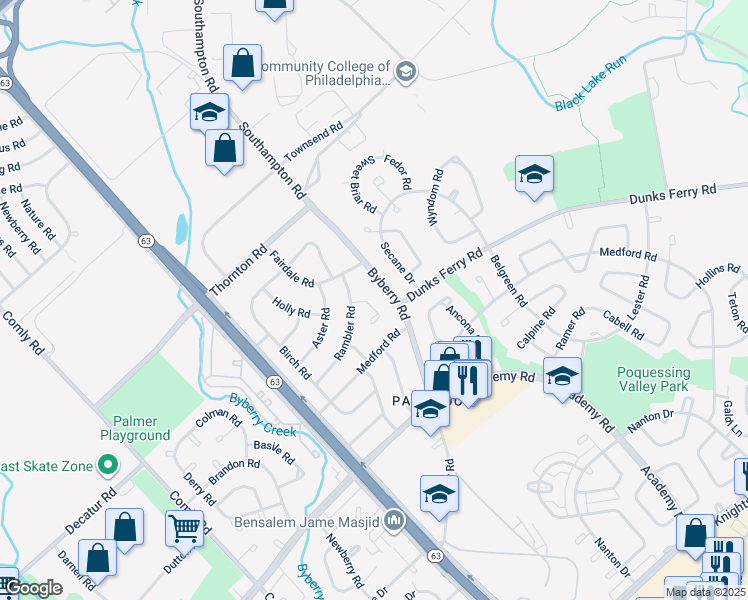 map of restaurants, bars, coffee shops, grocery stores, and more near 3223 Morning Glory Road in Philadelphia