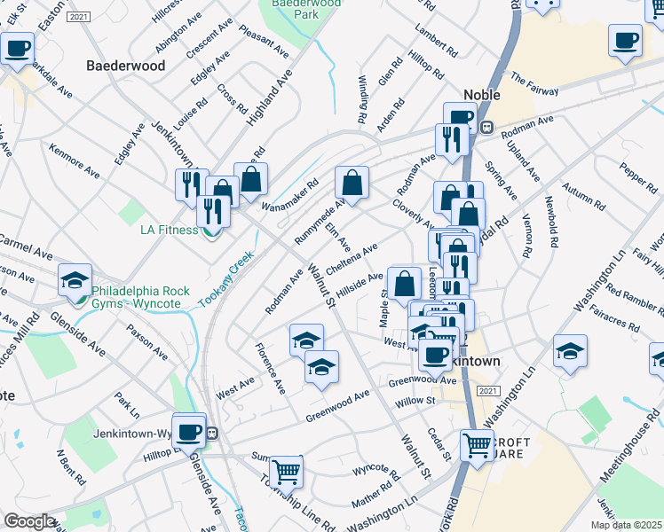 map of restaurants, bars, coffee shops, grocery stores, and more near 405 Cheltena Avenue in Jenkintown