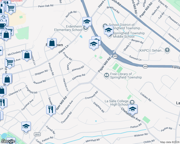 map of restaurants, bars, coffee shops, grocery stores, and more near 417 Glenway Road in Erdenheim