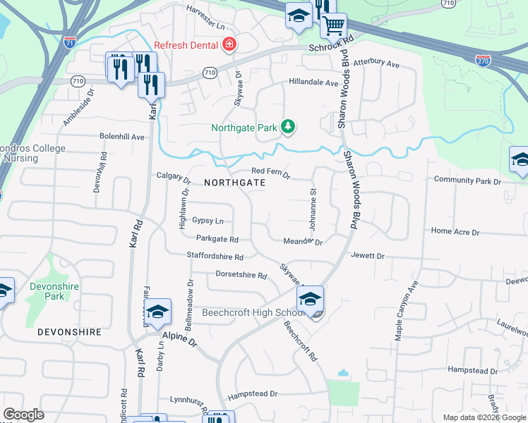 map of restaurants, bars, coffee shops, grocery stores, and more near 6437 Deer Ridge Lane in Columbus
