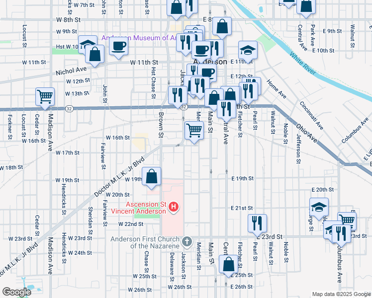 map of restaurants, bars, coffee shops, grocery stores, and more near 19 West 17th Street in Anderson