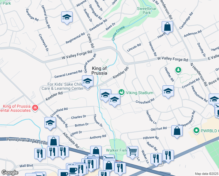 map of restaurants, bars, coffee shops, grocery stores, and more near 450 Keebler Road in King of Prussia