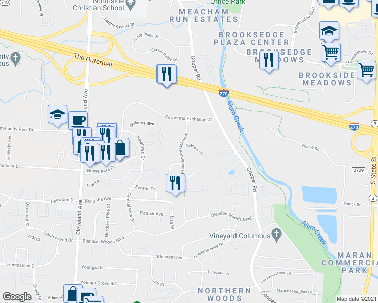 map of restaurants, bars, coffee shops, grocery stores, and more near 6350 Presidential Gateway in Columbus
