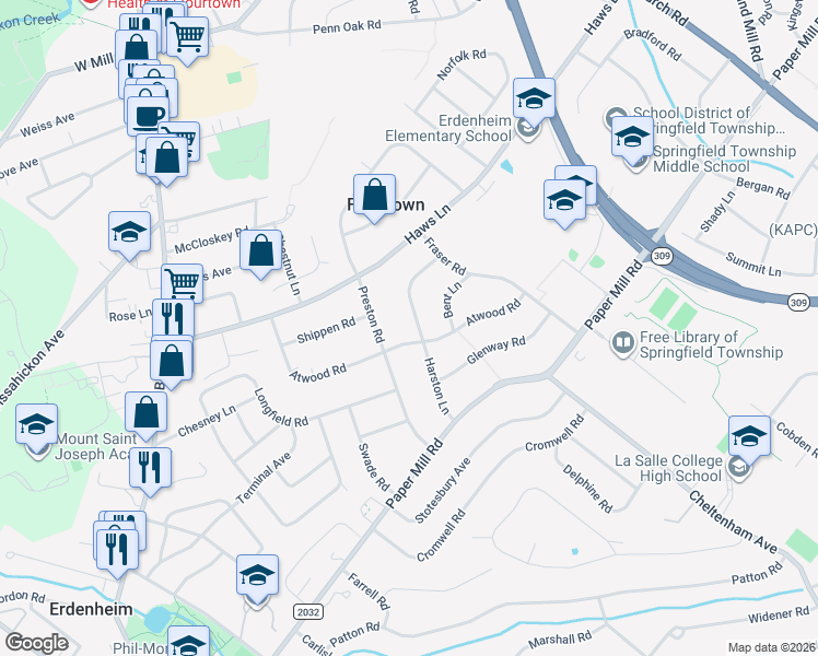 map of restaurants, bars, coffee shops, grocery stores, and more near 902 Harston Lane in Erdenheim