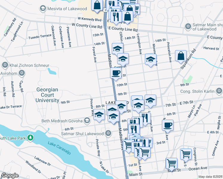 map of restaurants, bars, coffee shops, grocery stores, and more near 914 Madison Avenue in Lakewood