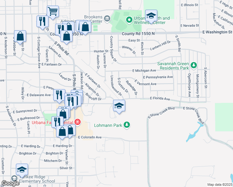 map of restaurants, bars, coffee shops, grocery stores, and more near 1601 Lincolnwood Drive in Urbana