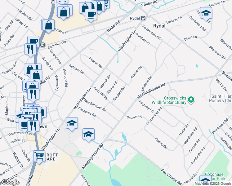 map of restaurants, bars, coffee shops, grocery stores, and more near 840 Gregory Road in Jenkintown