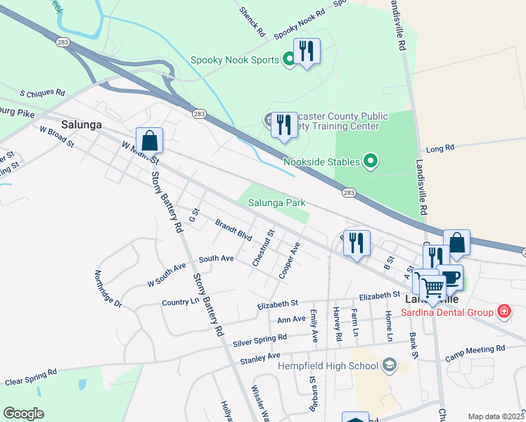map of restaurants, bars, coffee shops, grocery stores, and more near 45 West Main Street in Salunga-Landisville