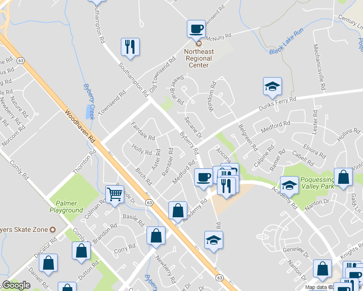 map of restaurants, bars, coffee shops, grocery stores, and more near 3221 Morning Glory Road in Philadelphia