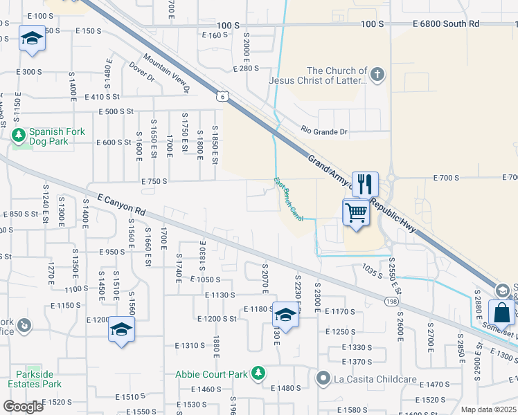 map of restaurants, bars, coffee shops, grocery stores, and more near 2037 East 800 South in Spanish Fork
