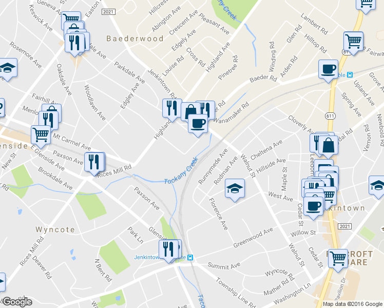 map of restaurants, bars, coffee shops, grocery stores, and more near 367 Stewart Avenue in Jenkintown