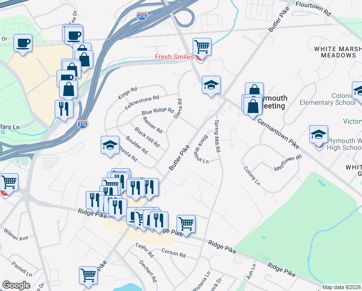 map of restaurants, bars, coffee shops, grocery stores, and more near 2098 Butler Pike in Plymouth Meeting