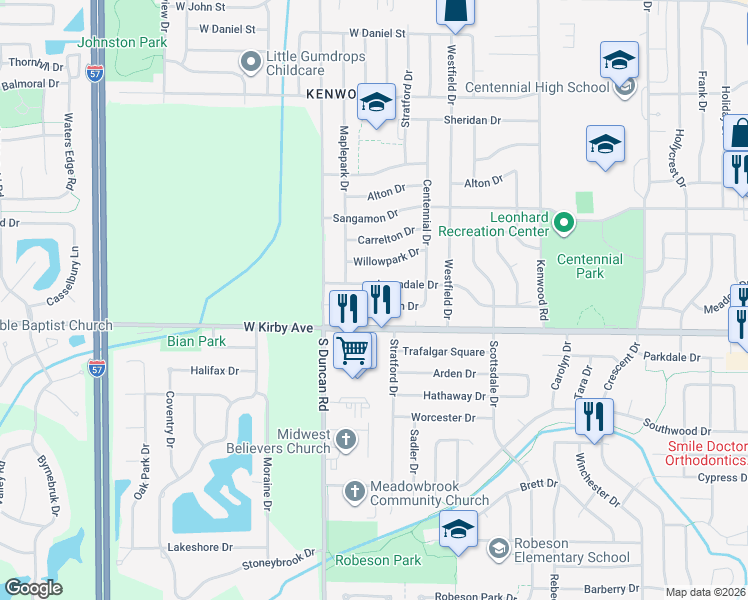 map of restaurants, bars, coffee shops, grocery stores, and more near 1504 Bellepark Drive in Champaign