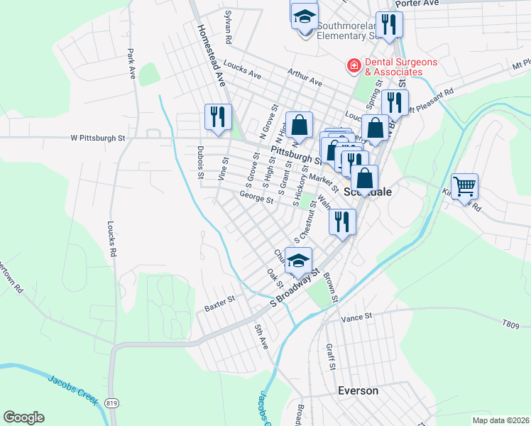 map of restaurants, bars, coffee shops, grocery stores, and more near 400 South Grant Street in Scottdale