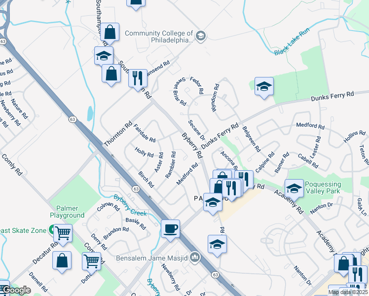 map of restaurants, bars, coffee shops, grocery stores, and more near 3221 Morning Glory Road in Philadelphia