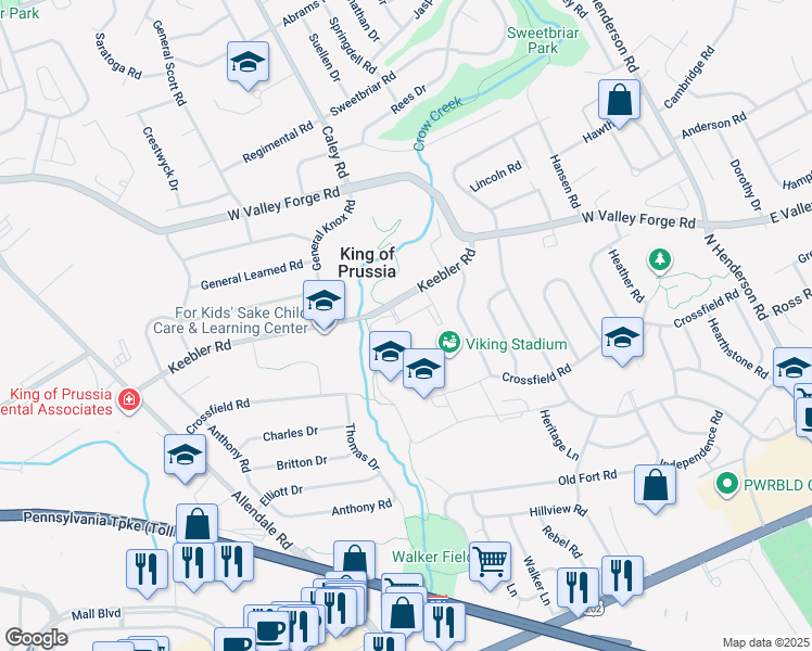 map of restaurants, bars, coffee shops, grocery stores, and more near 450 Keebler Road in King of Prussia