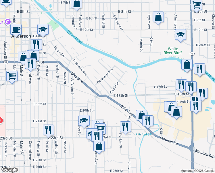 map of restaurants, bars, coffee shops, grocery stores, and more near 1713 Johnson Avenue in Anderson