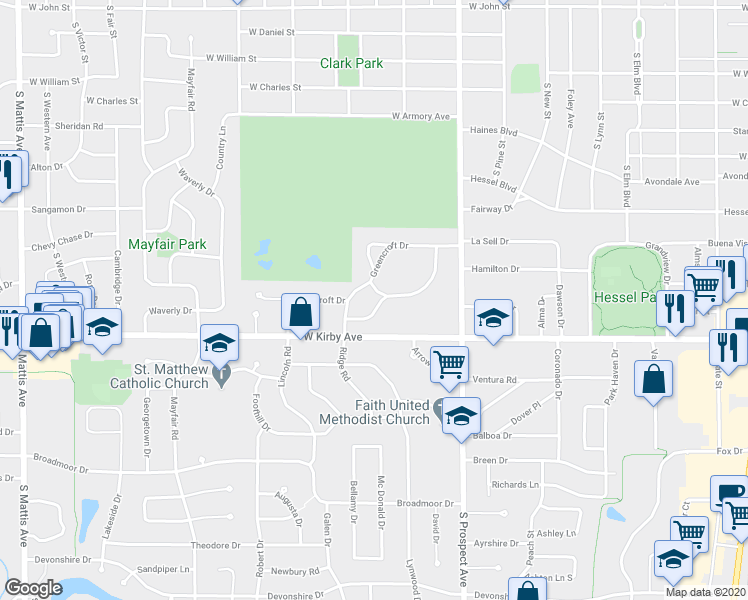 map of restaurants, bars, coffee shops, grocery stores, and more near 51 Greencroft Drive in Champaign