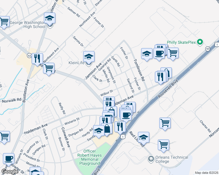 map of restaurants, bars, coffee shops, grocery stores, and more near 1980 King Arthur Road in Philadelphia