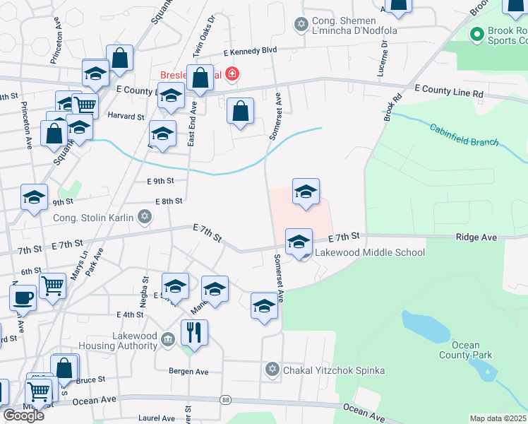 map of restaurants, bars, coffee shops, grocery stores, and more near 842 Somerset Avenue in Lakewood