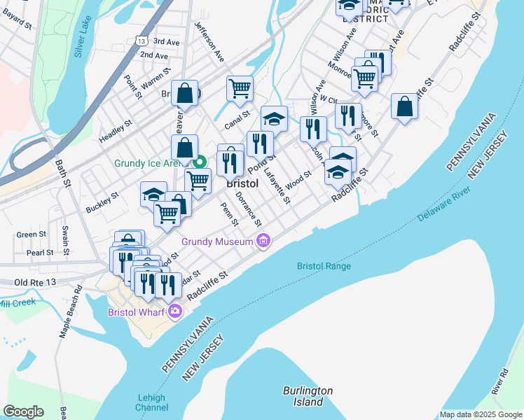 map of restaurants, bars, coffee shops, grocery stores, and more near 718 Wood Street in Bristol
