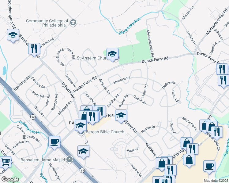 map of restaurants, bars, coffee shops, grocery stores, and more near 12618 Calpine Road in Philadelphia
