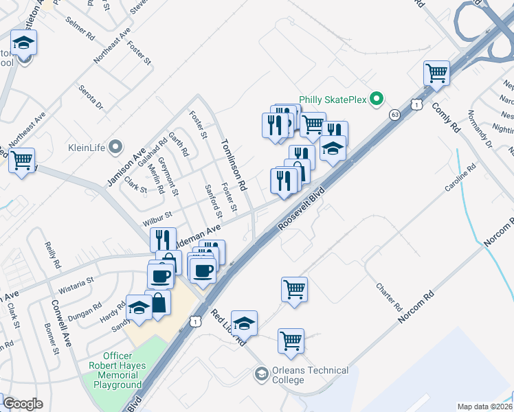 map of restaurants, bars, coffee shops, grocery stores, and more near 2021 Tomlinson Road in Philadelphia
