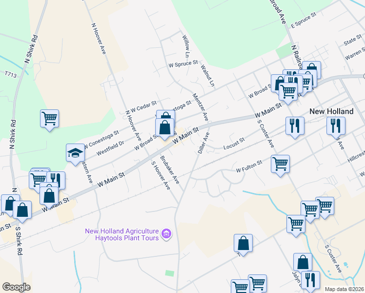 map of restaurants, bars, coffee shops, grocery stores, and more near 364 West Main Street in New Holland